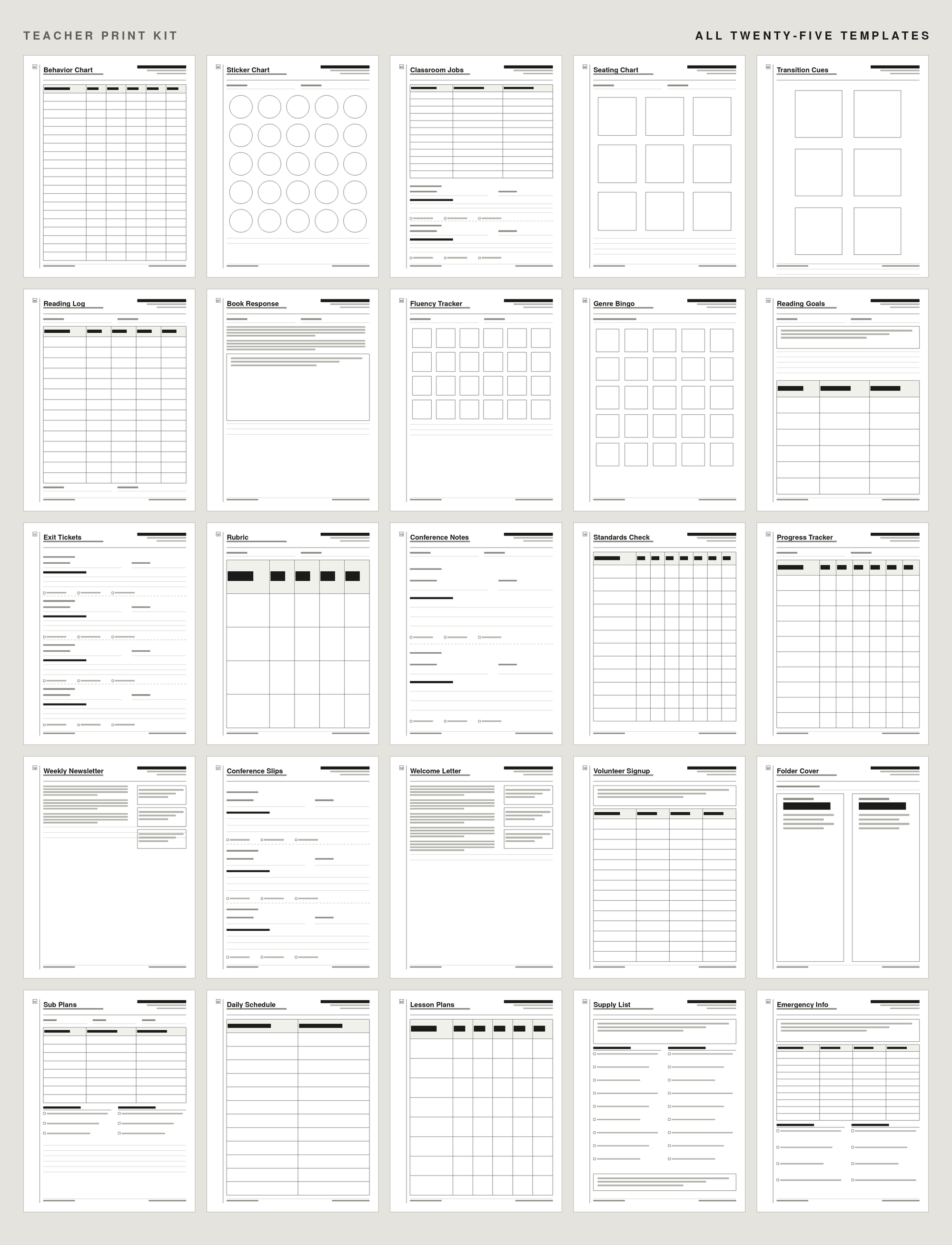 All twenty-five Teacher Print Kit templates shown as a grid of printed pages, five across and five down.