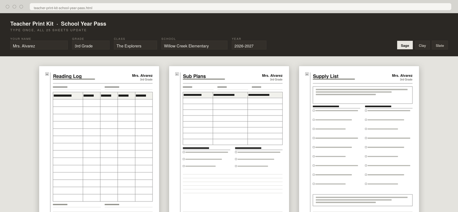 The Teacher Print Kit file open in a browser. A bar across the top holds the teacher's name, grade, class, school and year, and the same name appears at the top of the reading log, sub plans and supply list below it.